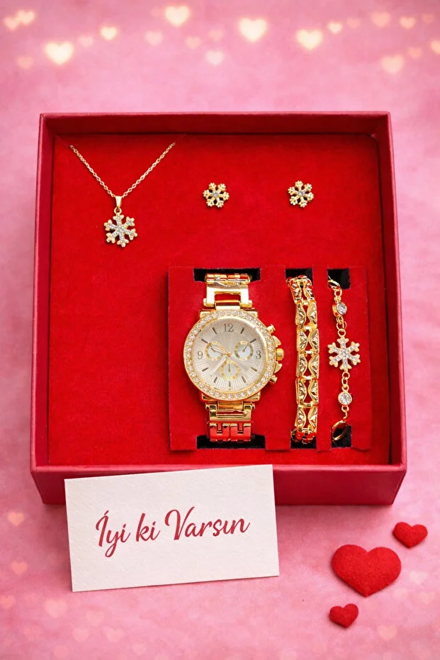 Kadın Kol Saati Saat, Bileklik, Kolye, Küpe Hediye Seti